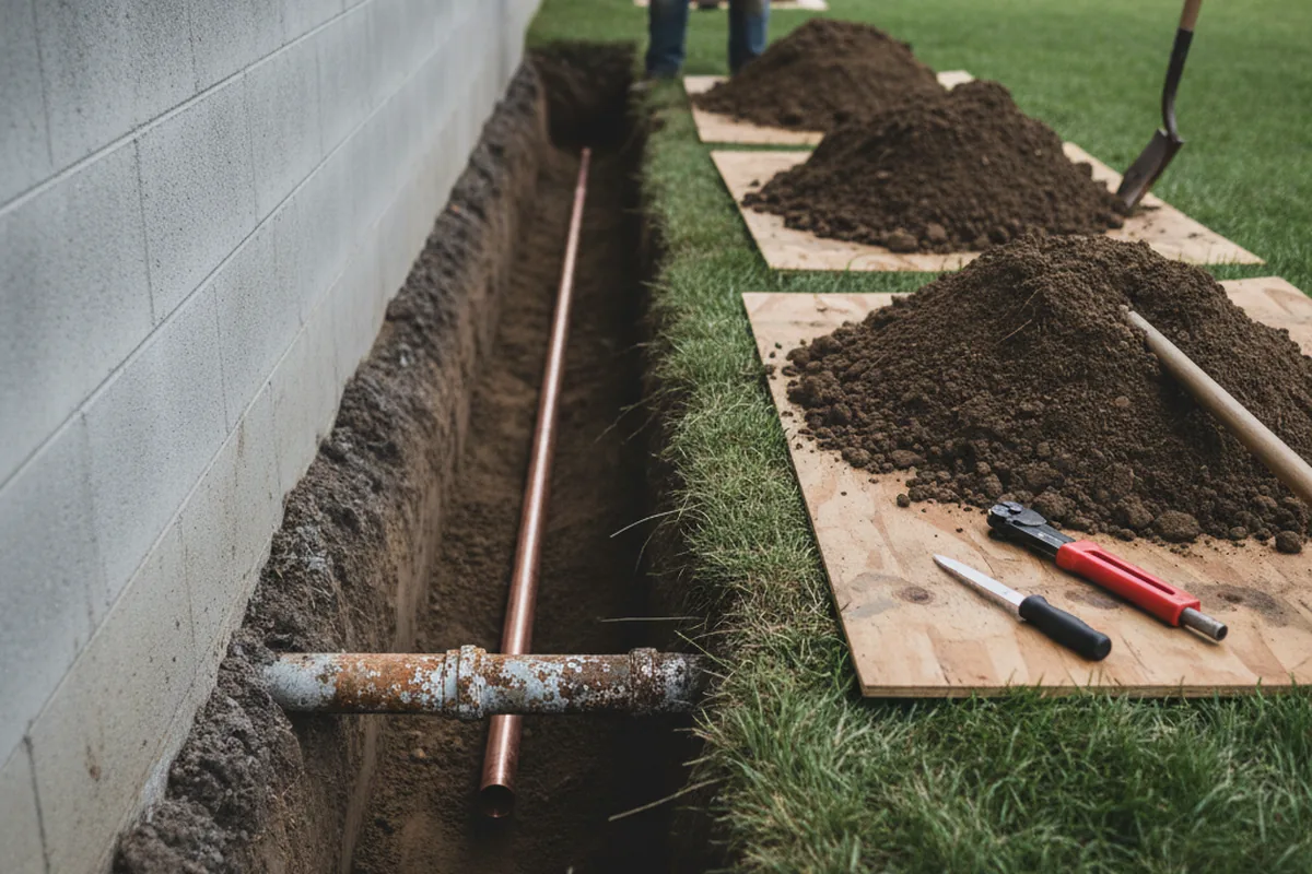 Excavated water line trench during Sewer Line Repair in Pewamo